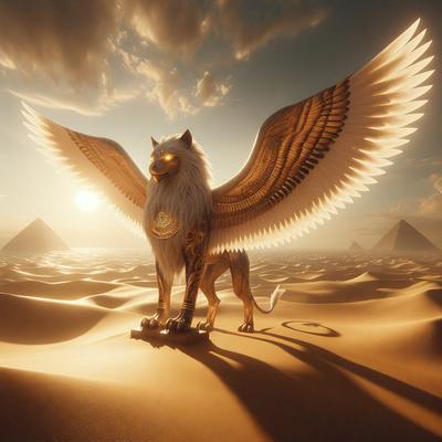 Primary subject: A lion with wings, standing on a sandy surface.

Setting/background: The lion is standing in front of a backdrop of sand dunes, with a sunset in the background.

Visual style: The image is a digital artwork, featuring a lion with wings and a sandy environment.

Colors and mood: The image has a warm and vibrant color palette, with the sunset creating a sense of tranquility and beauty.